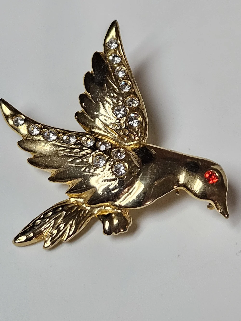 Gold Dove Brooch with Clear Crystals and Red Eye